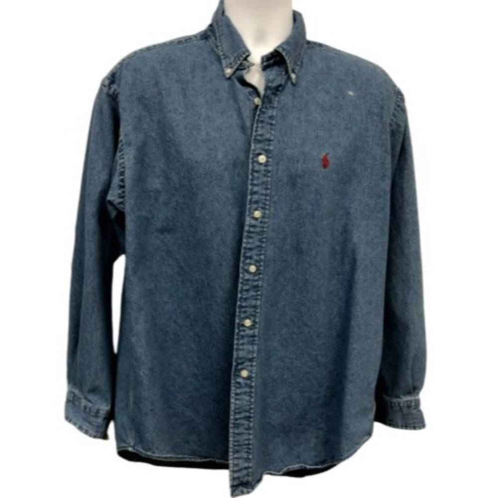 Vintage Polo Ralph Lauren Blake Blue Denim Jean Shirt Size Large Horse Logo